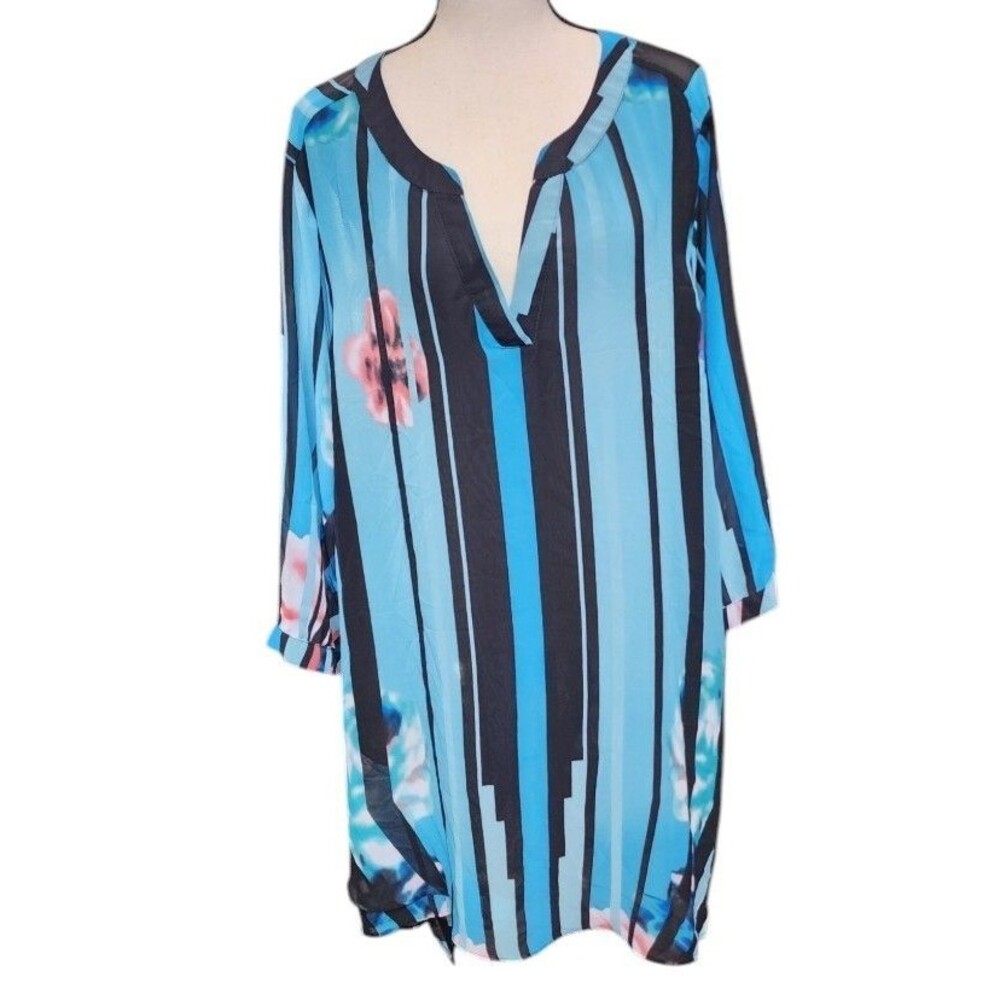 Avenue Blue Sheer Lined Tunic Top Plus Size 26/28 Floral